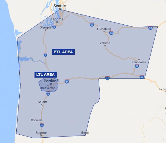 Map of Bridgetown Trucking Portland's service area in Oregon and Washington for FTL and LTL trucking