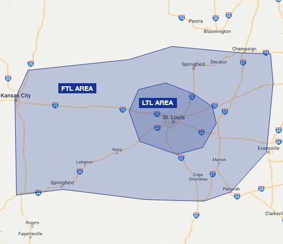 Map of Bridgetown Trucking's service area in St. Louis, Missouri for FTL and LTL trucking