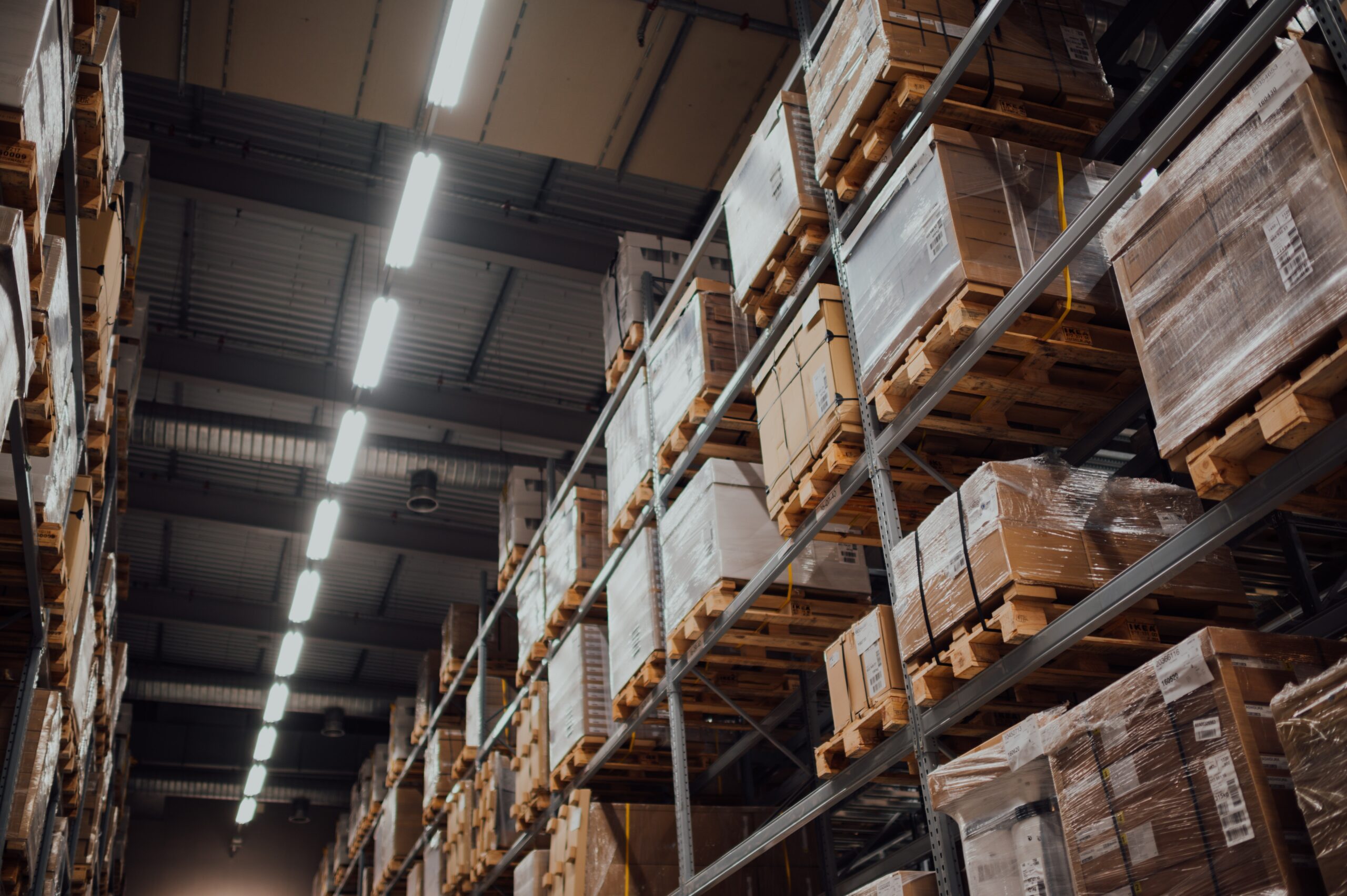 Stacks of boxes and pallets in a warehouse