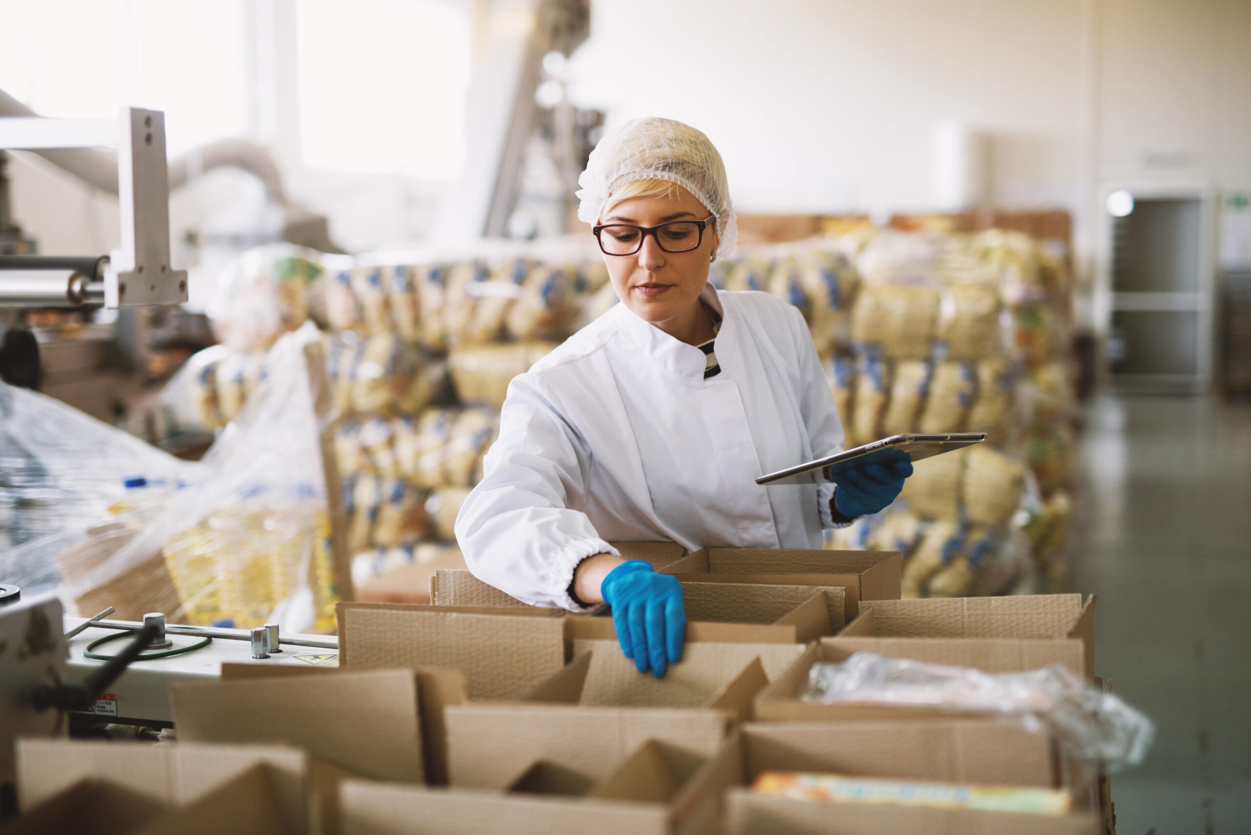 Lady holding tablet wearing blue gloves and lab coat checking boxes in a warehouse