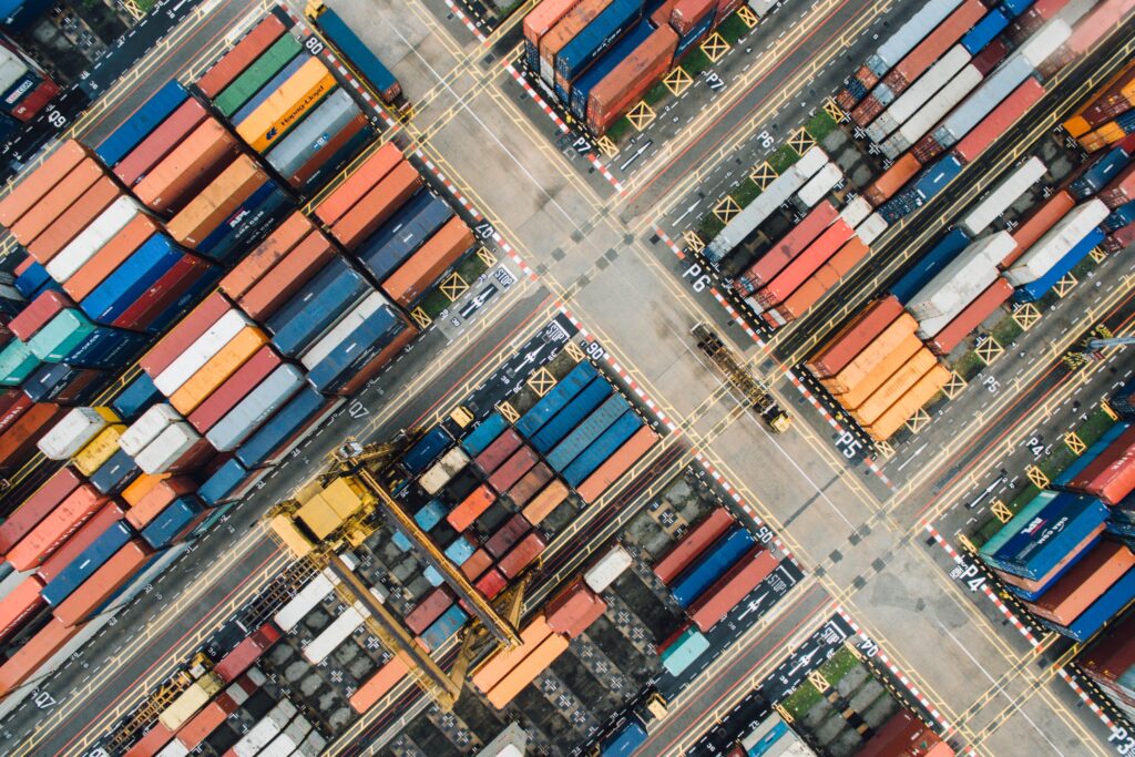 Photo of shipping crates from above. 