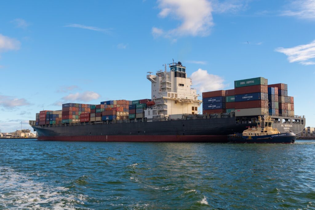 Ocean shipping freight ship from the side.