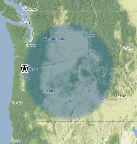 Map of the Pacific Northwest showing the areas served by Bridgetown Trucking