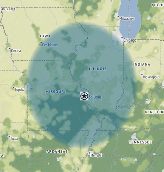 Map of Saint Louis, MO and the surrounding areas served by Bridgetown Trucking